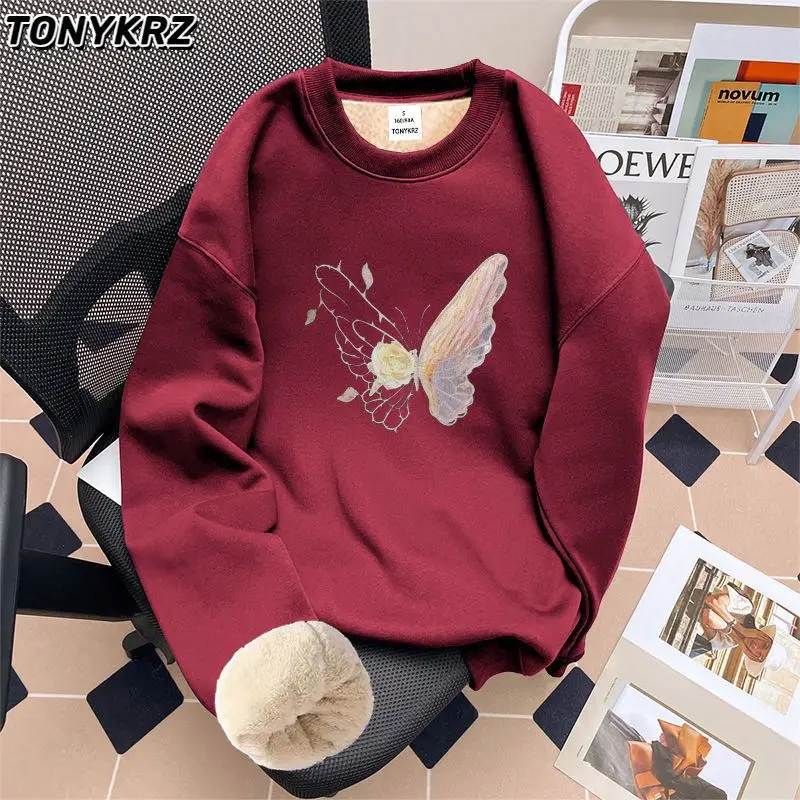 سويت شيرت برقبة دائرية بتصميم كلاسيكي أمريكي مطبوع عليه فراشة للنساء مع صوف خروف وقميص مخملي XQ135 #4