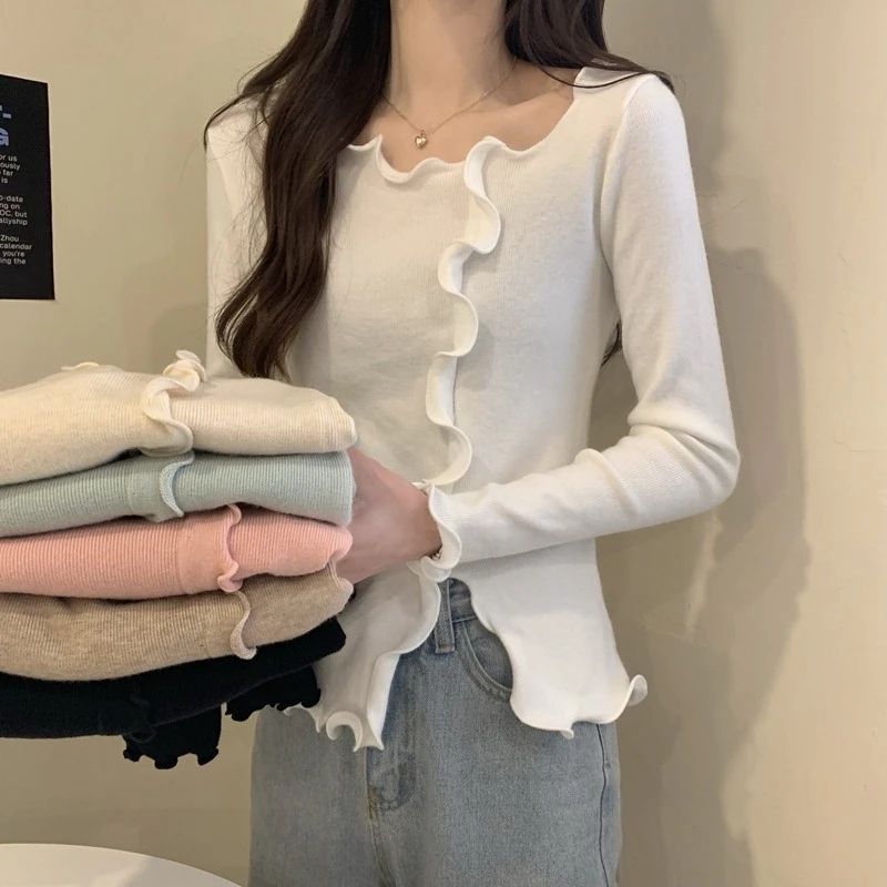 2026 Autumn Winter Petite Ruffle Trim Knit Women Sweater Unique Design Side‑Slit Long Sleeve Pullover Inner Knit Base Top