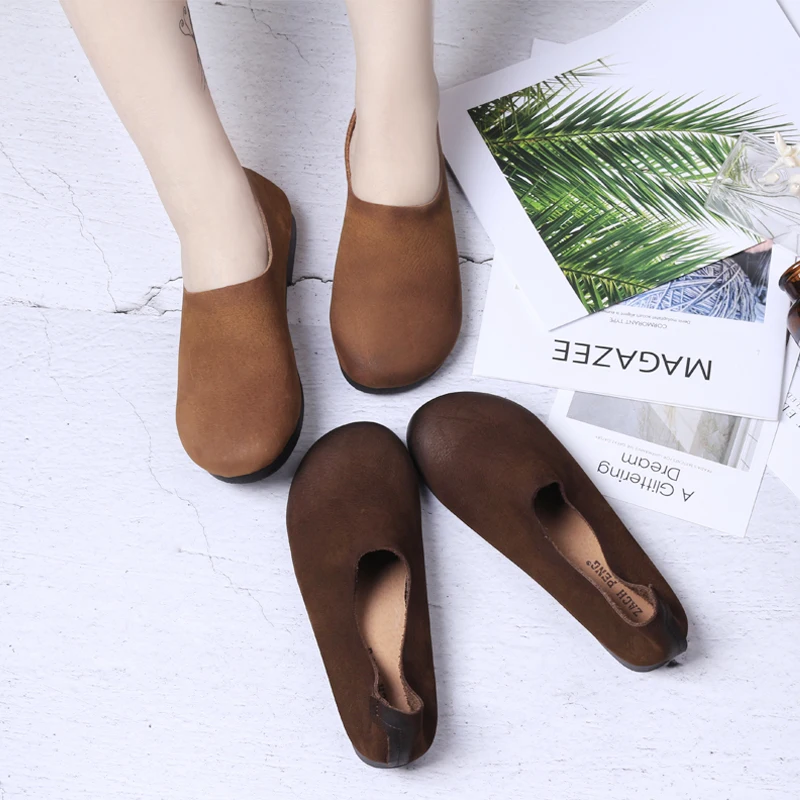 Careaymade-New spring&summer female literature and art handmade retro round doll lazy shoes,low shallow women real leather shoes