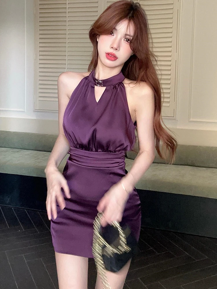 Feminino roxo cetim diamantes pescoço-montado sexy mini vestido 2025 coreano vintage vestido de luxo verão elegante bodycon festival vestido