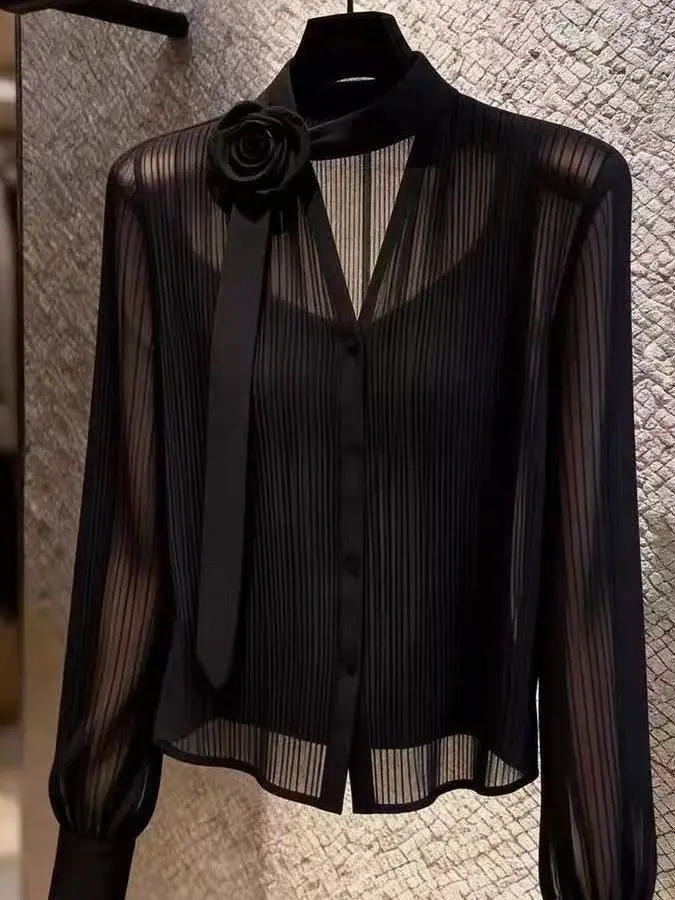 

Summer 2026 Women's Black Chiffon Shirt with Suspenders Semi-Transparent 3D Flower Pattern Long Sleeve V-Neck Polyester Blend
