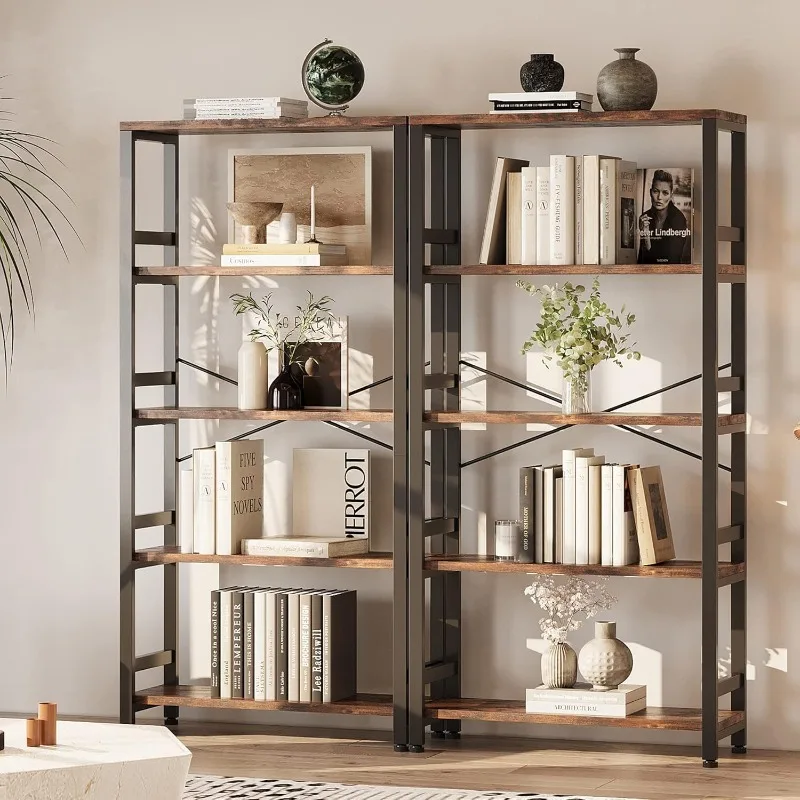 Bookshelves and Bookcases, 31.5in Wide Shelf 5-Tier Ladder Shelf 110lbs/shelf Vintage Industrial Style Bookcase for Bedro