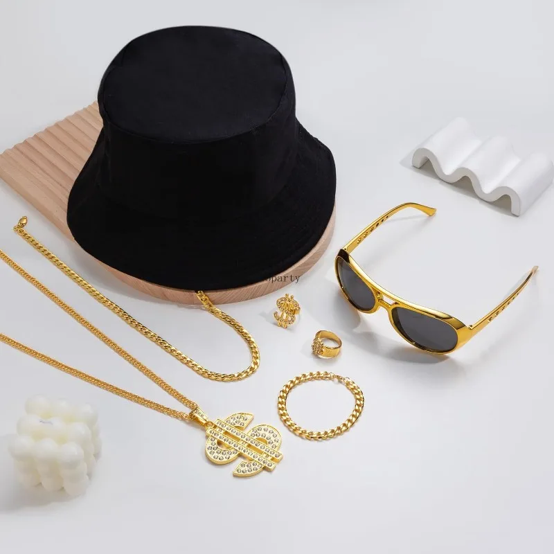 Zestaw kostiumów hip-hopowych z lat 90. i lat 80. dla mężczyzn, stroje na imprezę rapera, akcesoria