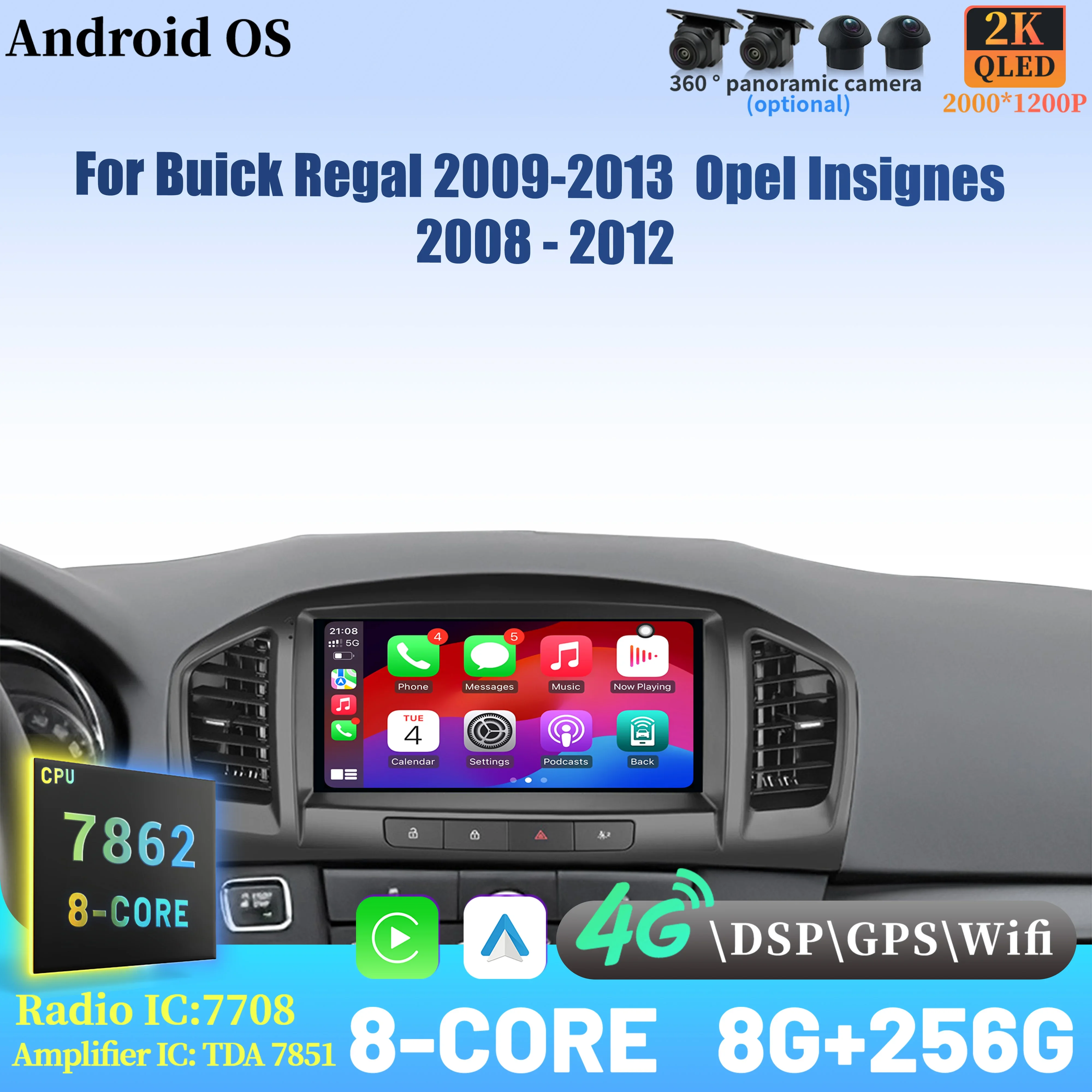 

For Buick Regal 2009-2013 Opel Insignes 2008 - 2012 Wireless BT CarPlay Android 14 Radio Car Multimedia Player Touch 2K Screen