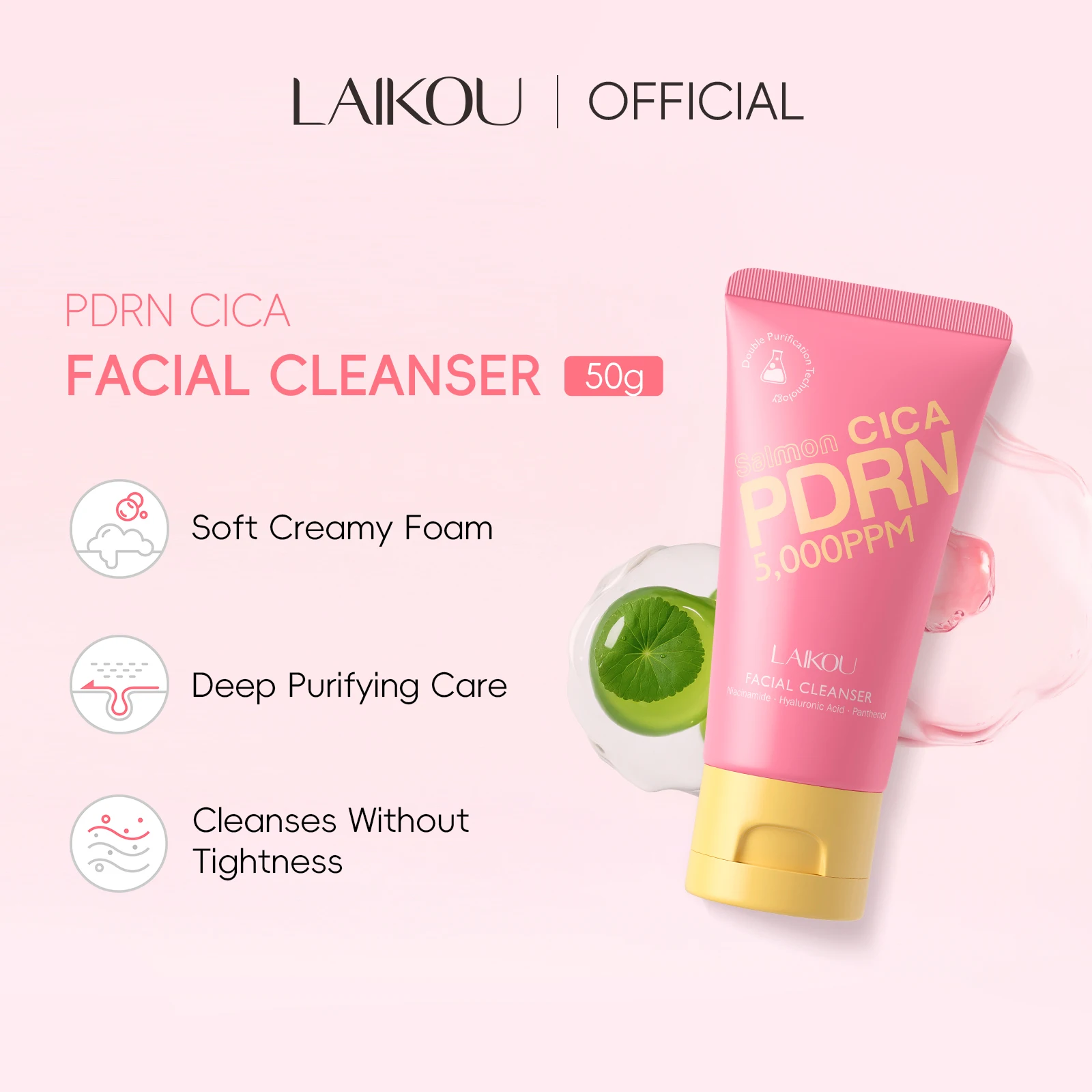 Soft Foam PDRN CICA Facial Cleanser LAIKOU 50g Cleanses Without Tightness Centella Asiatica Niacinamide Glutathione Face Wash