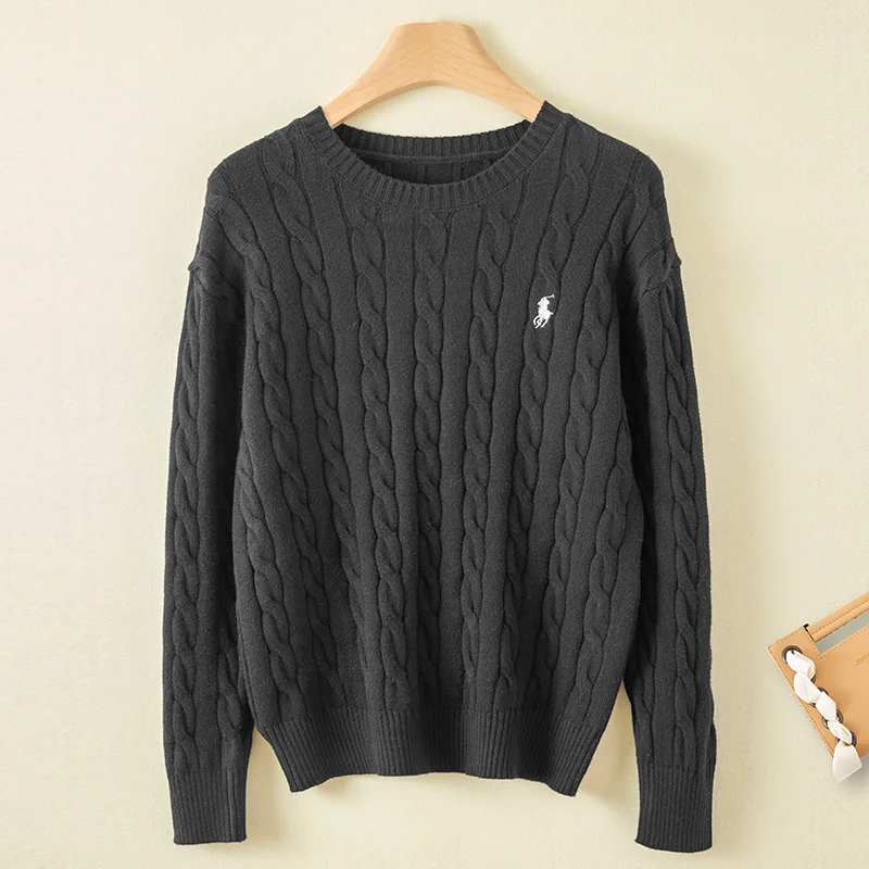 2024 Women\'s Autumn and Winter Popular Fashion Embroidery Thickened Cashmere Pullover Soft Fried Dough Twists O-Neck Pullover