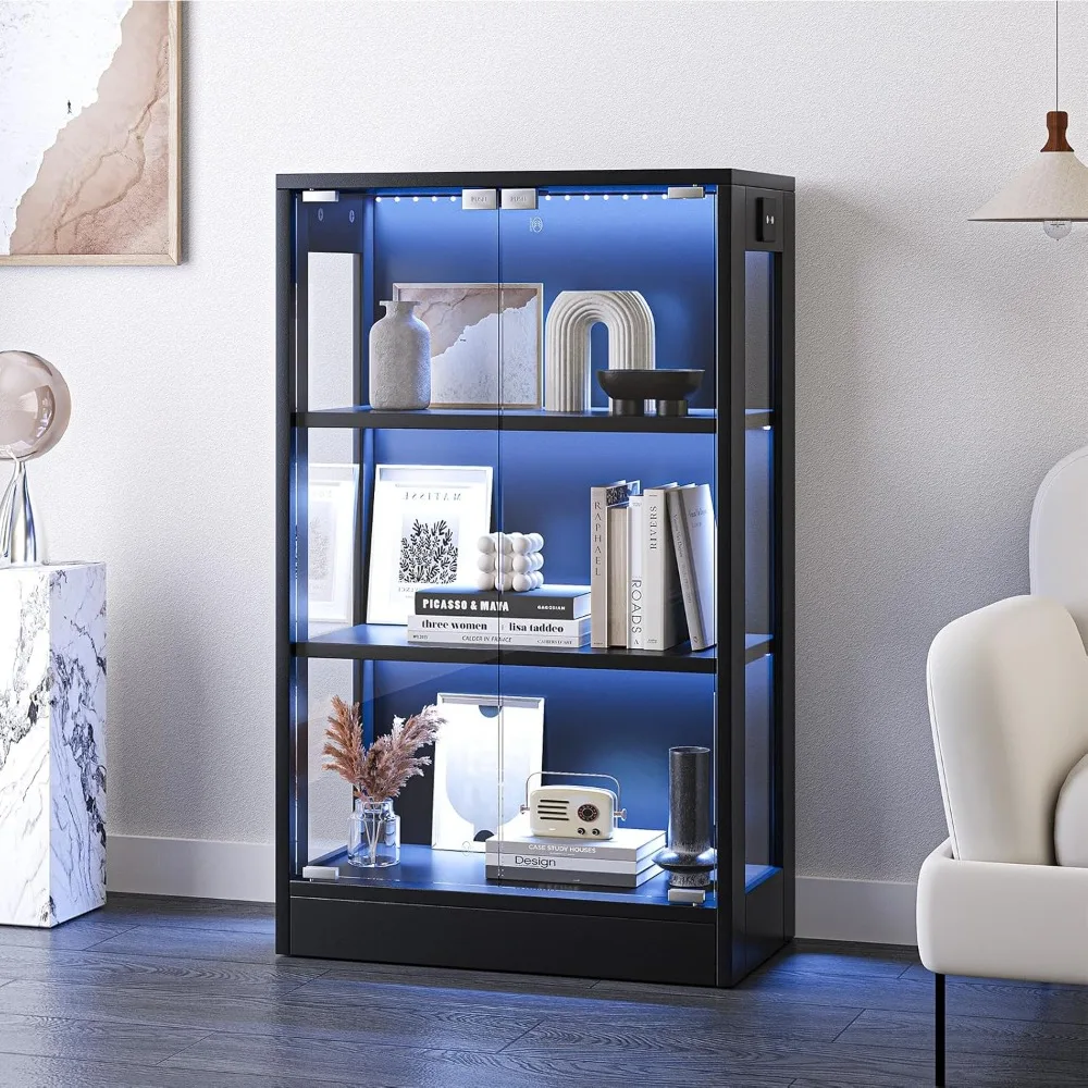 

Display Cabinet with Glass Doors 3-Tier, 7 Vibrant Colors 3 Dynamic Lighting Modes HD Glass Storage Cabinet