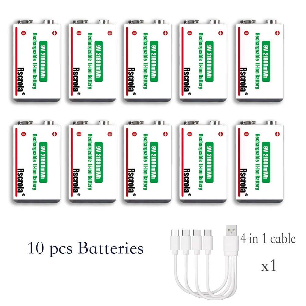 Langdurige 9V Lithium-ion Oplaadbare Batterij 21800mWh Hoge Capaciteit voor Gitaar Microfoon Rookmelder Pedaal met Kabel