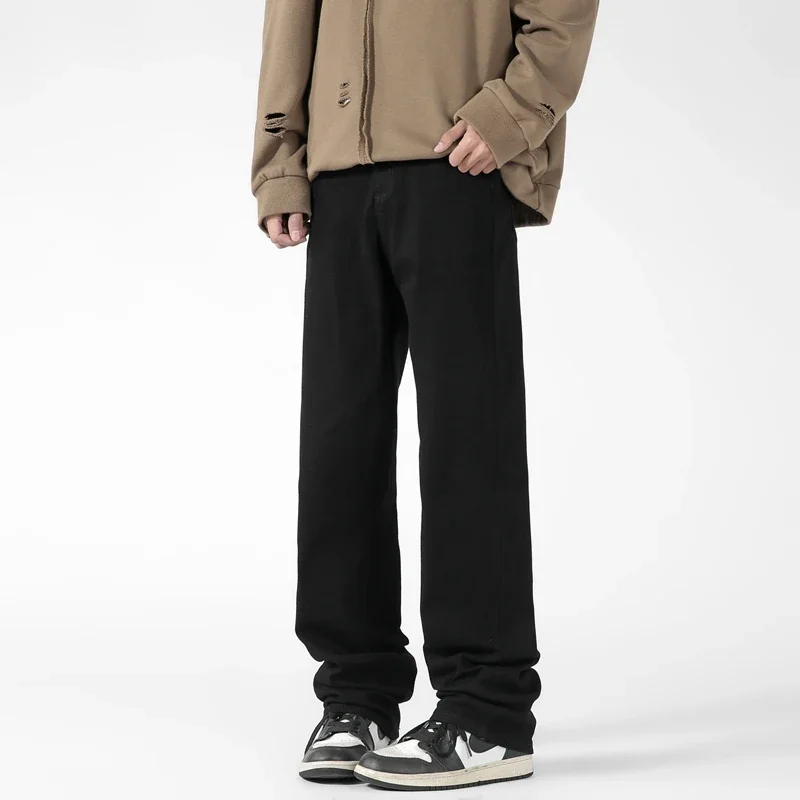 2025 الكورية الخريف جينز بسيط الرجال بلون جميع الأسود عادية السراويل الفضفاضة مستقيم واسعة الساق سراويل جينز الذكور طويلة #2