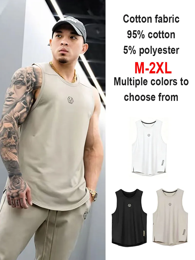 Mens Cotton Loose Sleeveless Gym Tank Top Round Neck Print Logo Vest Side Zipper Pocket Fitness Workout Casual Sports Daily Tops