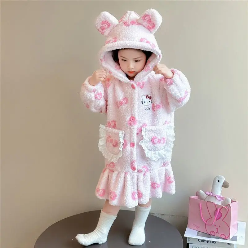 Sanrio Girl Hello Kitty Coral Velvet Pajama Robe Kawaii Children Homewear Anime Student Winter New Thickening Hooded Bathrobe view 2