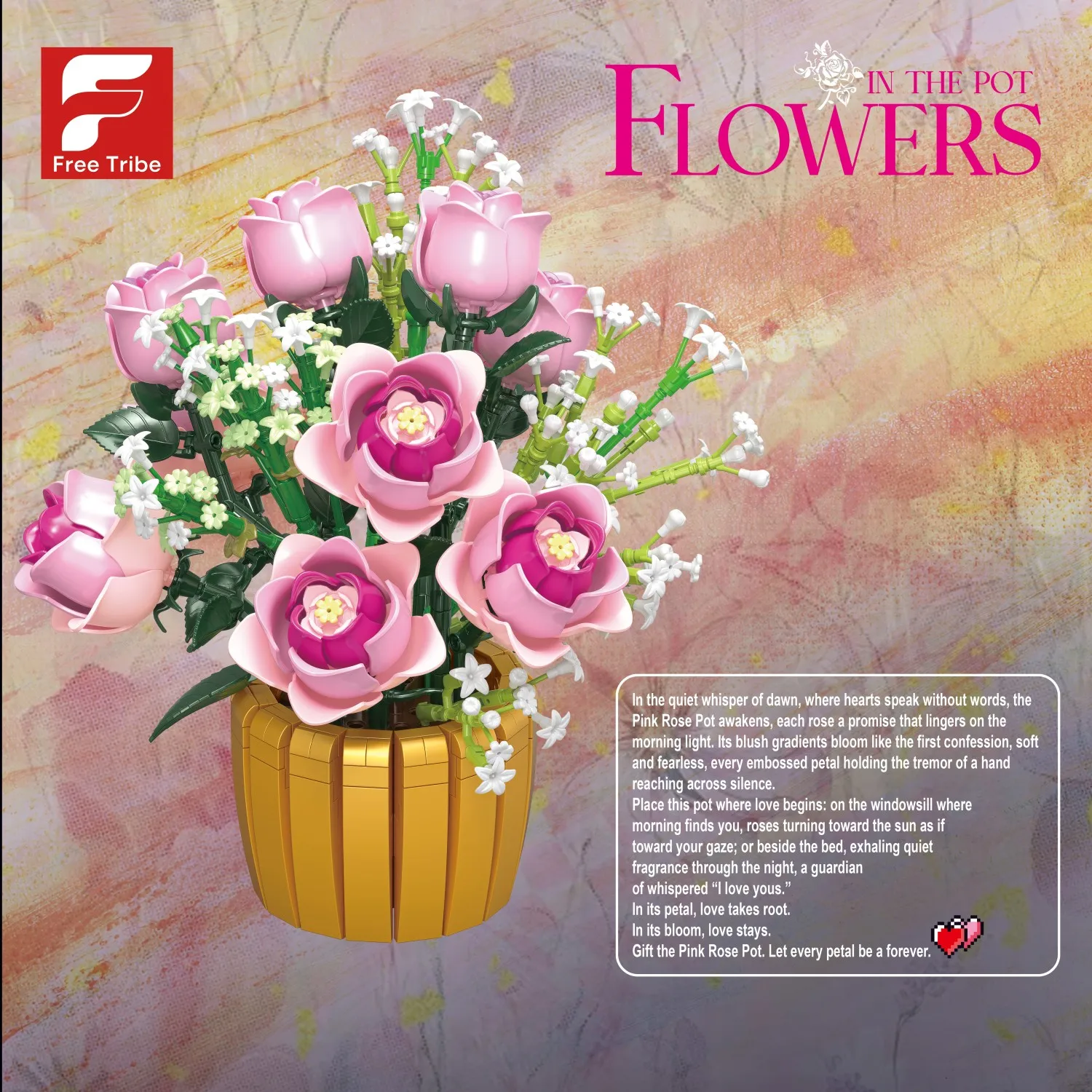 1056PCS Roze Roos Ingemaakte Bouwstenen Bloemenvaas Model Bricks Desktop Ornament Romantische Gift Educatief DIY Speelgoed Voor Kinderen