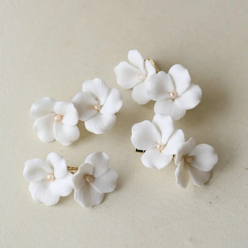 Handmade Simple Ceramic White Color Flower Bridal Small Hairpin Women Hair Clip Headpiece Wedding Accessories