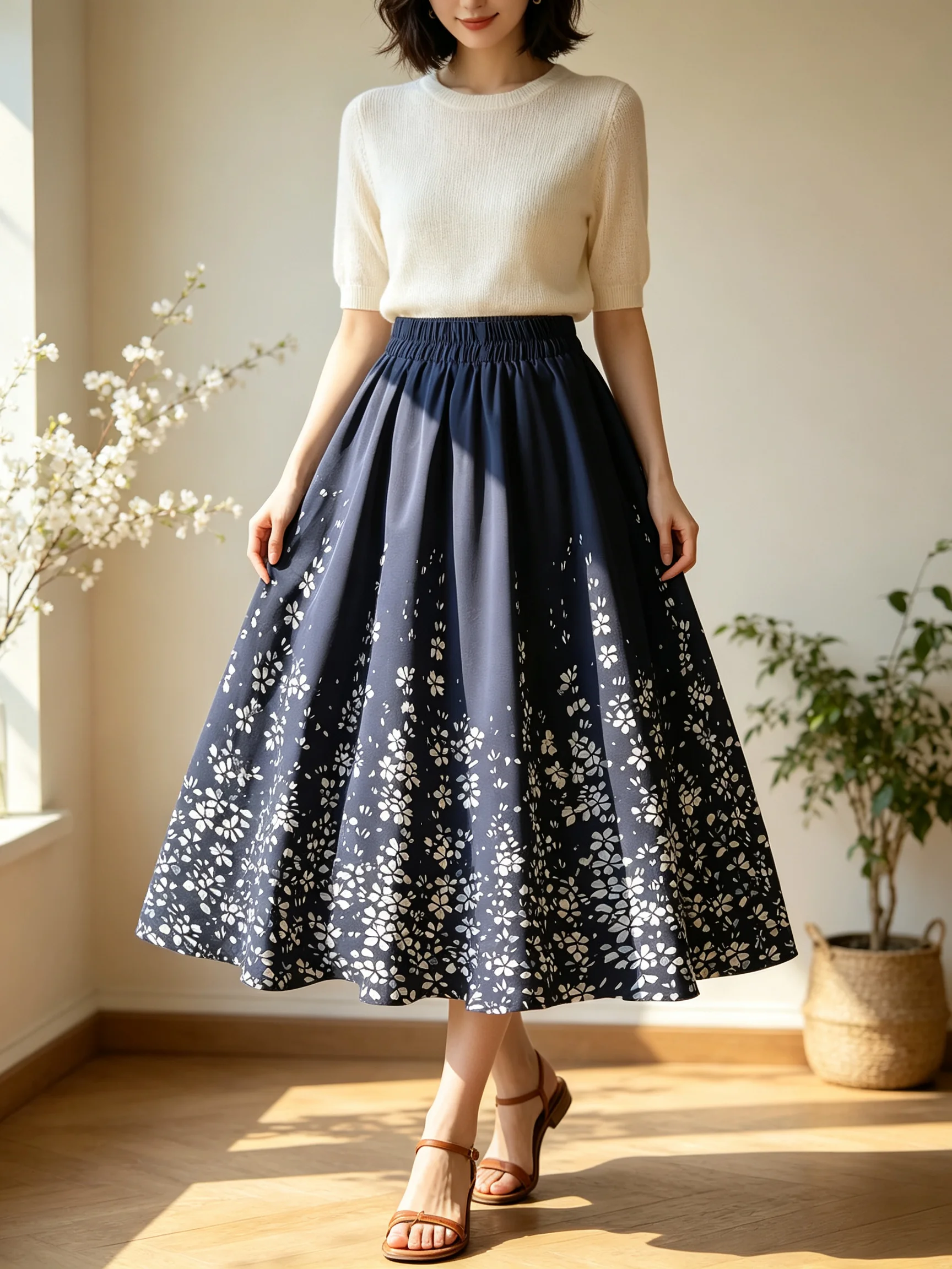 White Floral High-Waisted Large Swing Casual Midi Skirt, Elastic Waist Mid-Length Skirt Spring/Summer Commuting Floral  Style