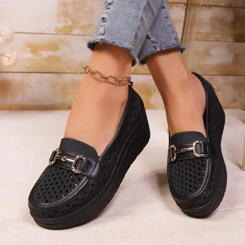Soft Thick Bottom Height Increase White Loafers Women 2026 Summer Hollow Out Wedge Heel Pumps Women's Comfortable Nursing Shoes