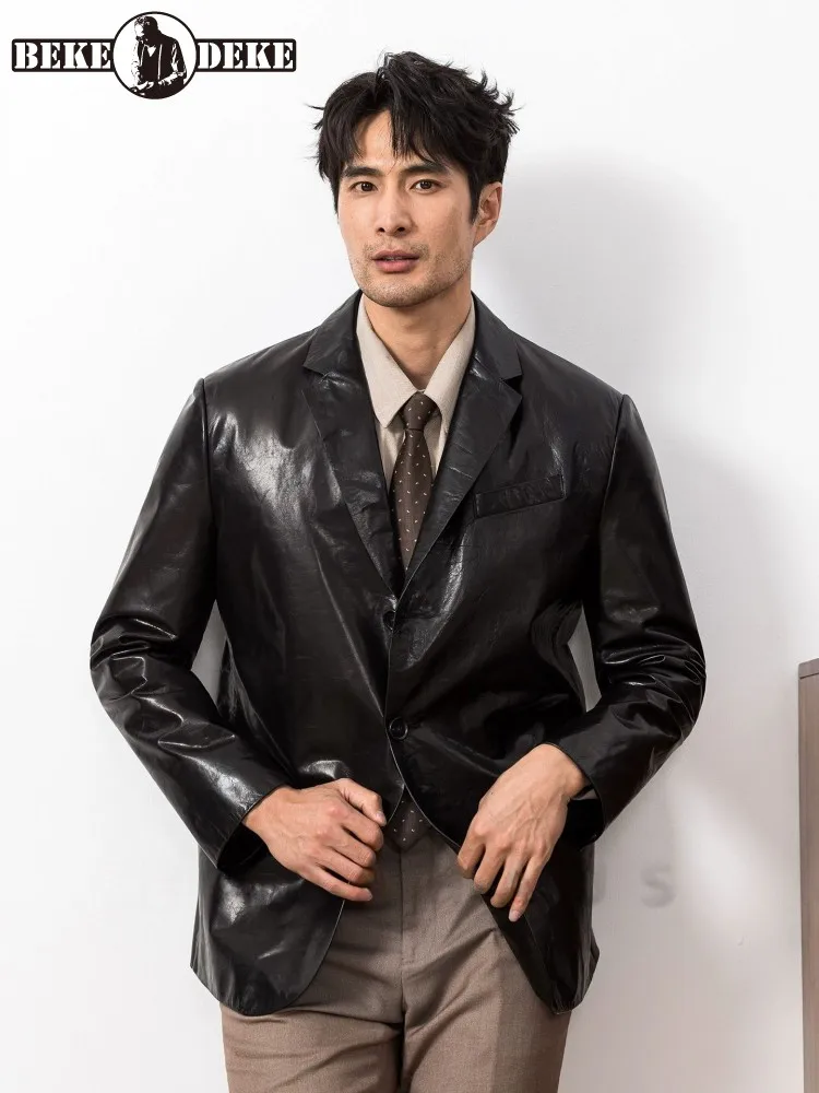 

Винтажный офисный мужской пиджак из натуральной кожи, высококачественный масляный воск, пиджаки из коровьей кожи, пальто, топы, однобортный дизайн, верхняя одежда