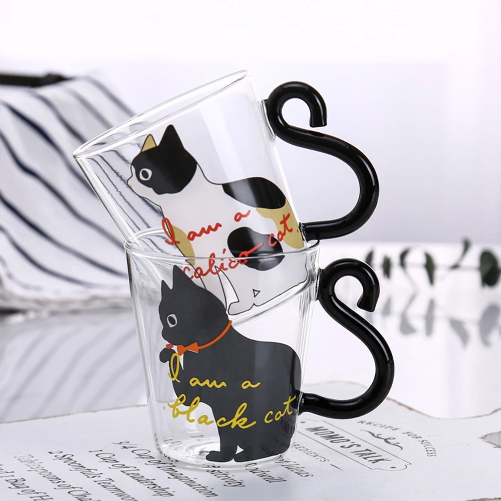 Water Cup Creative Glass With Handle Cute Cat Design Cartoon Two Styles Of Repeated Printing For Coffee And Milk Drinks