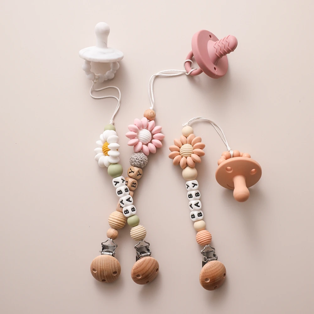 Baby Handmade Sunflower Pacifier Chain Dummy Nipples Holder Clips Babies Silicone Teething Chain Gifts for Cute Baby Accessories