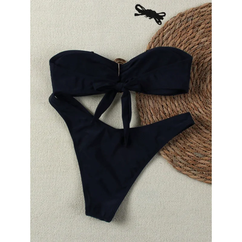 2025 قطعتين بيكيني بدون حمالات رسن إكسسوارات معدنية طقم ملابس السباحة بيكيني بلون واحد #2