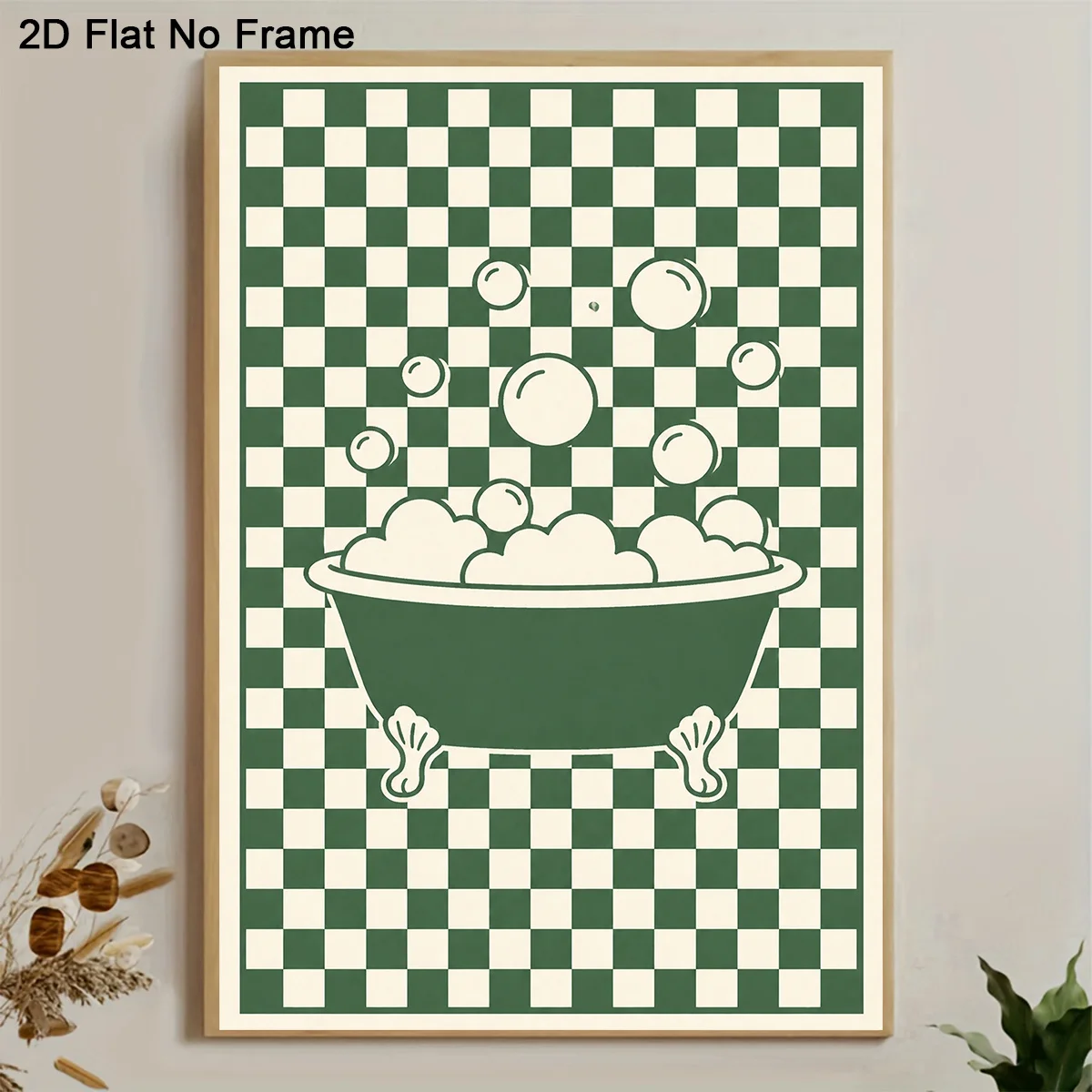 2027,2D Flat, Frameless Canvas Poster - Retro Green Bathtub with Bubbles on Checkerboard Background, Minimalist Modern Wall A