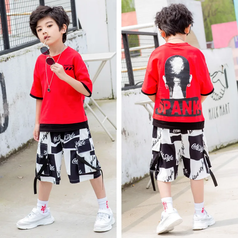 Vêtements de danse de rue pour enfants et garçons, vêtements tendance d'été à manches courtes, amples et cool, ensemble de vêtements hip-hop, robe de performance