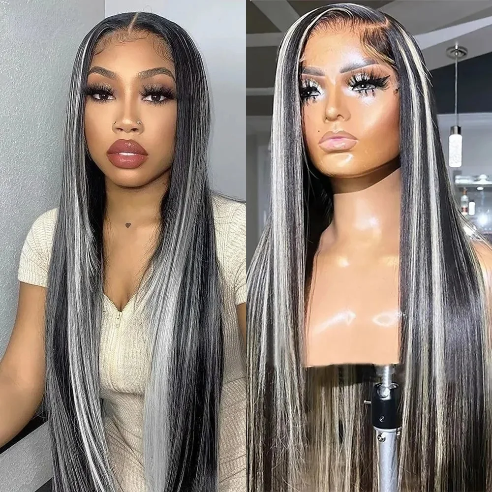 

Черно-белые блики, прямые костяные 13x4 HD, кружевные передние бесклеевые парики, плотность 180, бразильский цвет, для женщин, косплей, вечеринка