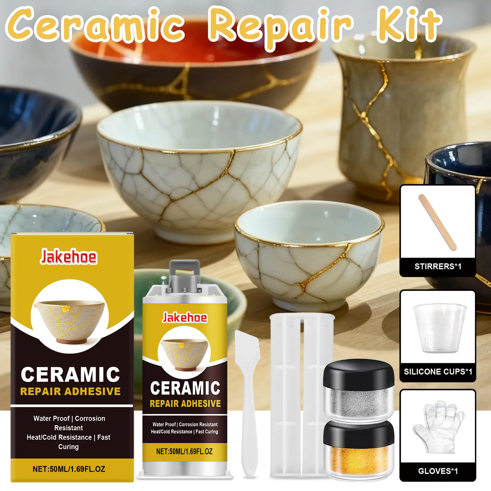 Kit de reparo de vidro cerâmico, adesivo de resina epóxi para porcelana quebrada, restauração de caneca chinesa, à prova d'água, resistente ao calor, reparo de artesanato