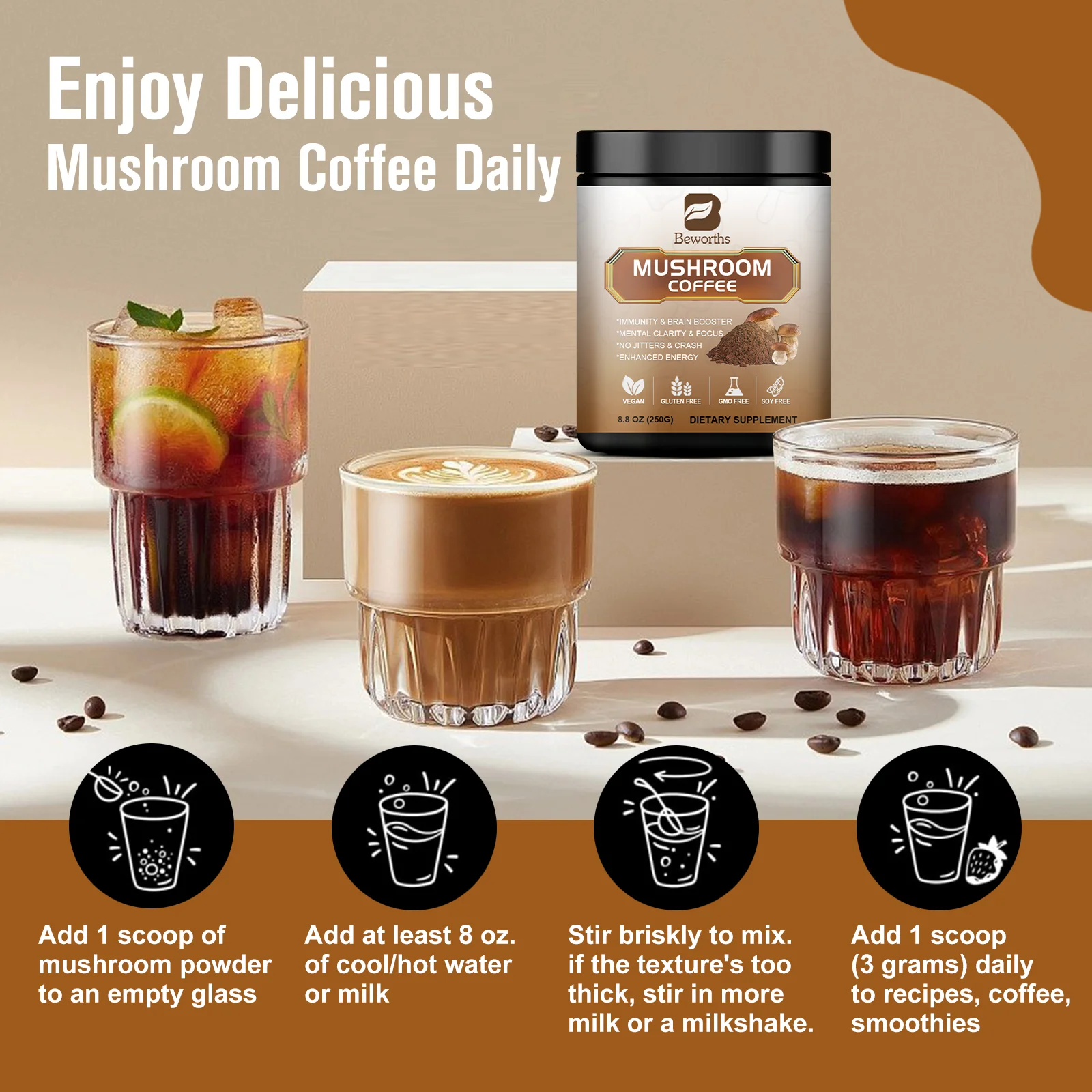 Mushroom Coffee 10 Mushroom Extract - Lion's Mane, Cordyceps, Reishi, Turkey Tail, Chaga, Maitake for energy and immune support