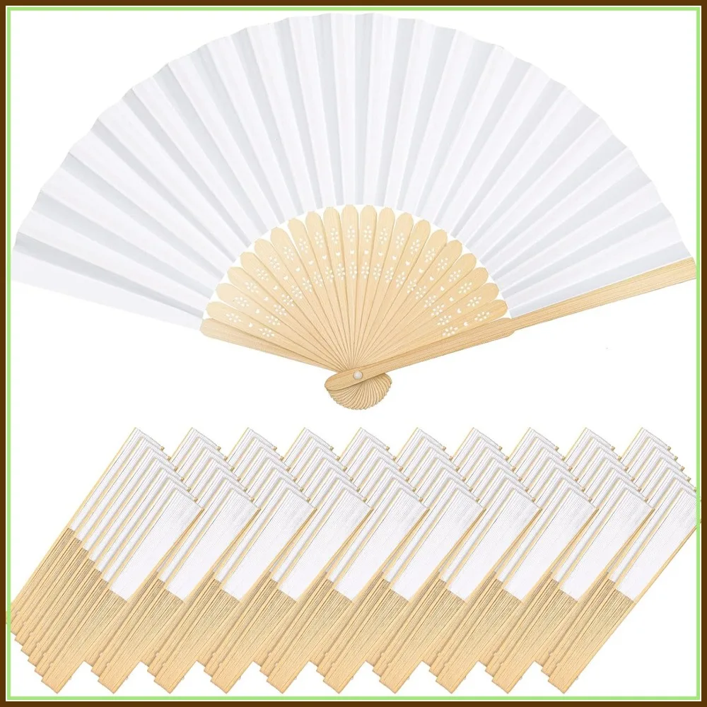 

70 Pcs White Paper Hand Held Fans Bamboo Folding Fans for Weddings Party Favors DIY Crafts Photo Props