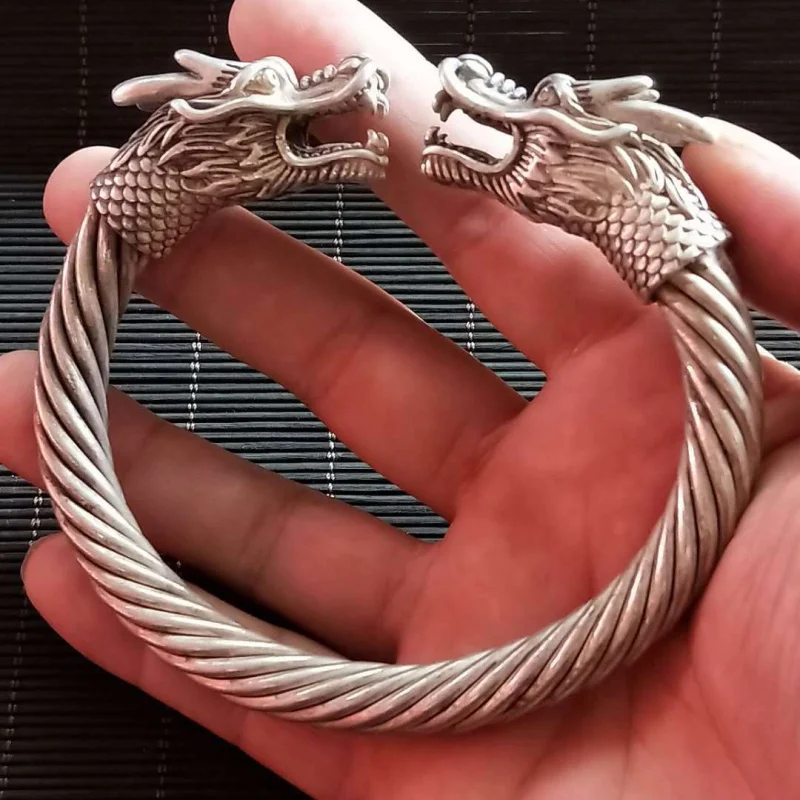 Vintage Distressed White Copper Jewelry Miao Accessories Tibetan Double Silver Bracelet