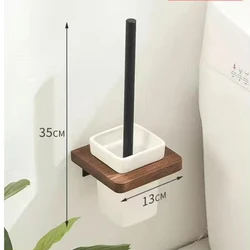 Wall-Mounted Toilet Brush Holder Set, Ceramic Base, Solid Wood, Luxury Bathroom Accessories, No Dead Corner