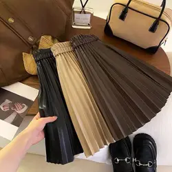 Kids Girls PU Leather Skirts Black Khaki Coffee High Waist Skirts 2024 New Fashion Teenage Girls Pleated Skirts Dance Clothing