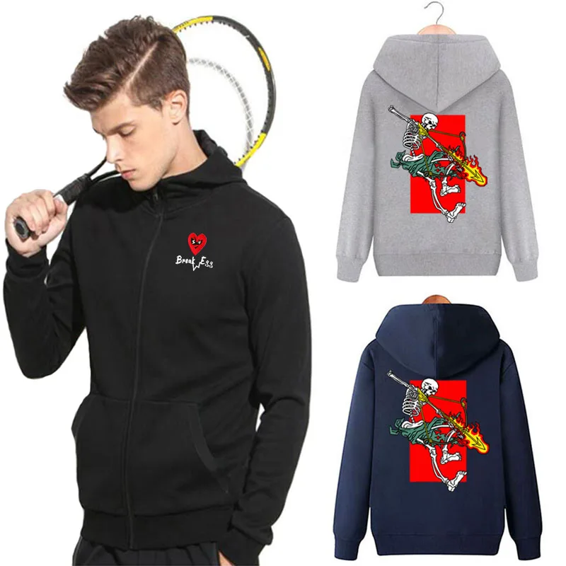 

Break Egg Hoodie Men Women Cotton Heart Glasses Embroidery Back Skull Warrior Printing Zipper Pocket Loose Fleece Sweater