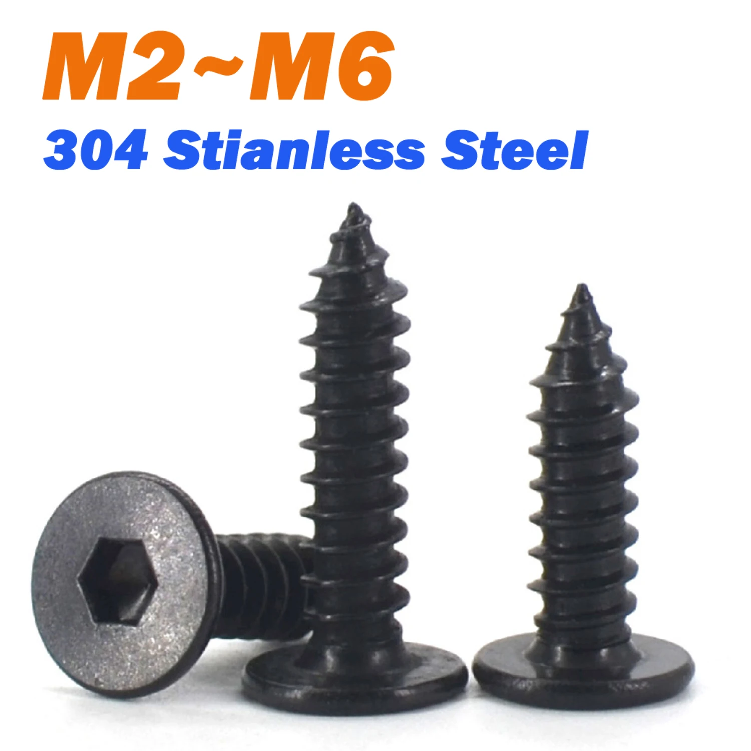Wood Screws M2 M2.3 M2.6 M3 M3.5 M4 M5 M6 Black 304 Stianless Steel Super Ultra Thin Hex Socket Flat Head Self-Tapping Screws