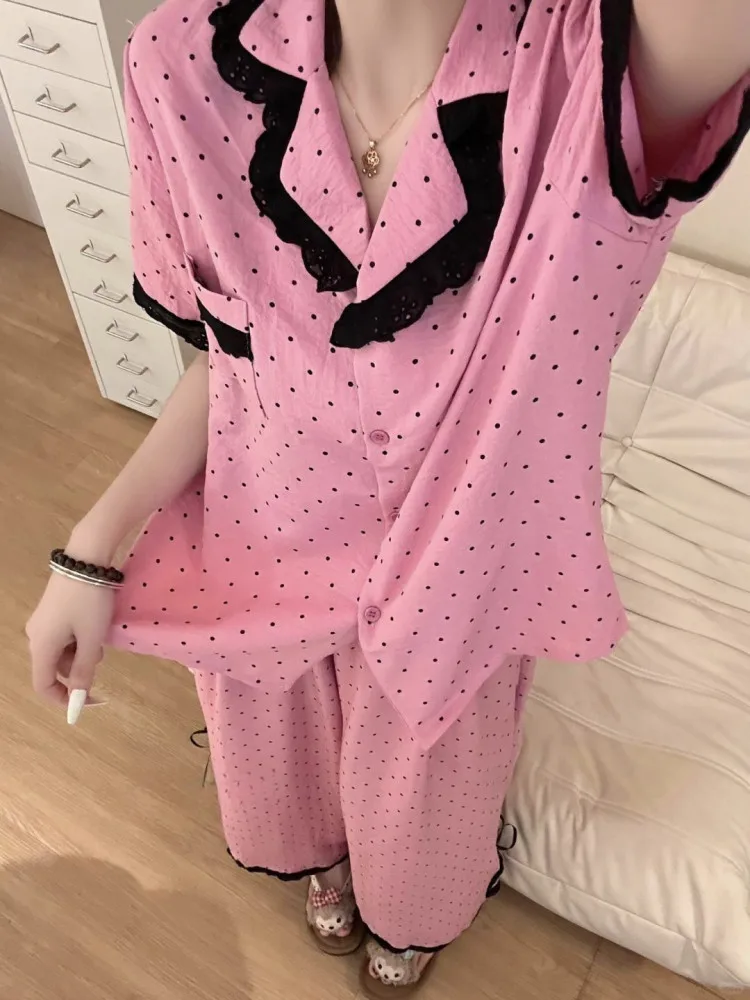 

Pink Floral Polka Dot ort Sve Spwear Set Women's Summer Cardigan Long Pants Home Clothes Outwear Comfortable Cloud Co...