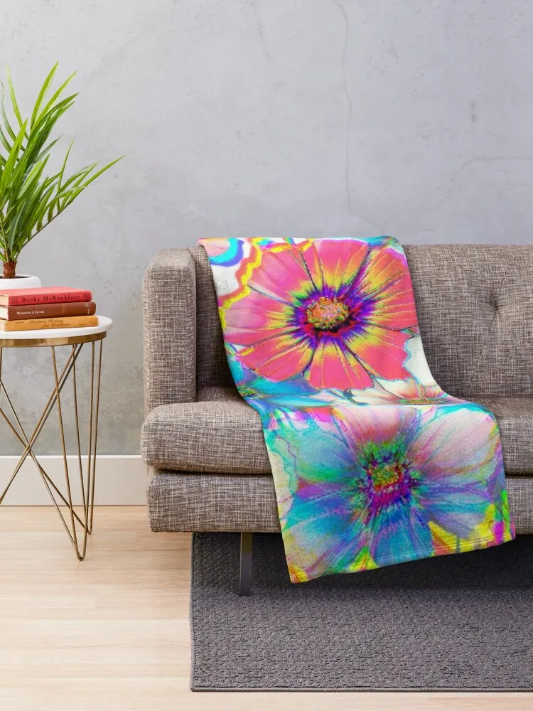 Trippy Chromatic Aberration Colorful Watercolor Wildflower Cosmo Flowers - White, Blue, Pink, and Purple Throw Blanket