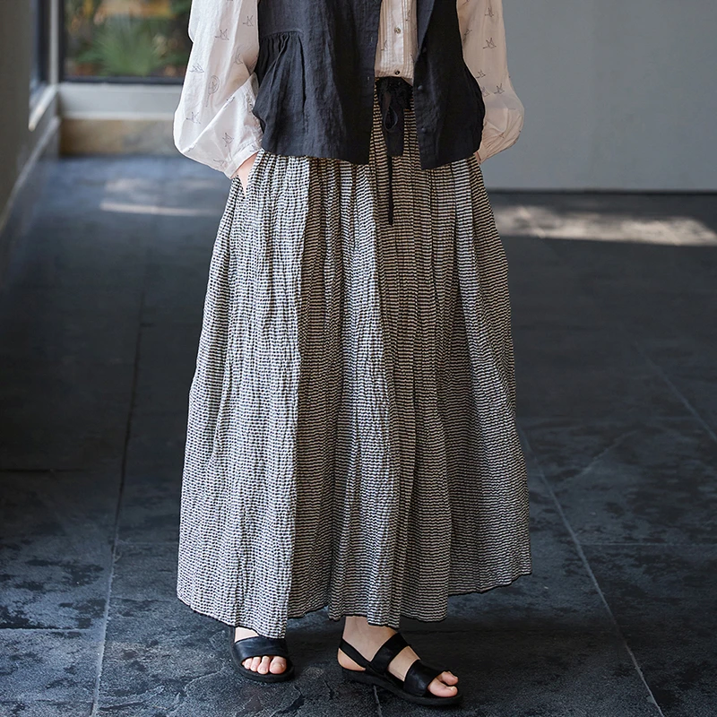 สูงเอวผ้าฝ้ายลินินกระโปรงยาวผู้หญิงใหม่มาถึง 2025 ฤดูใบไม้ร่วงสไตล์วินเทจลายสก๊อตหลวมผู้หญิงสบายๆกระโปรง M1834