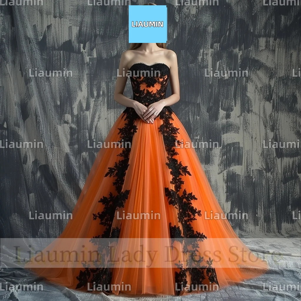 Classic Orange Tulle Black Lace Applique Strapless Floor Prom Formal Dresses Evening Clothing Lace Up Back Custom Made A4-10.9