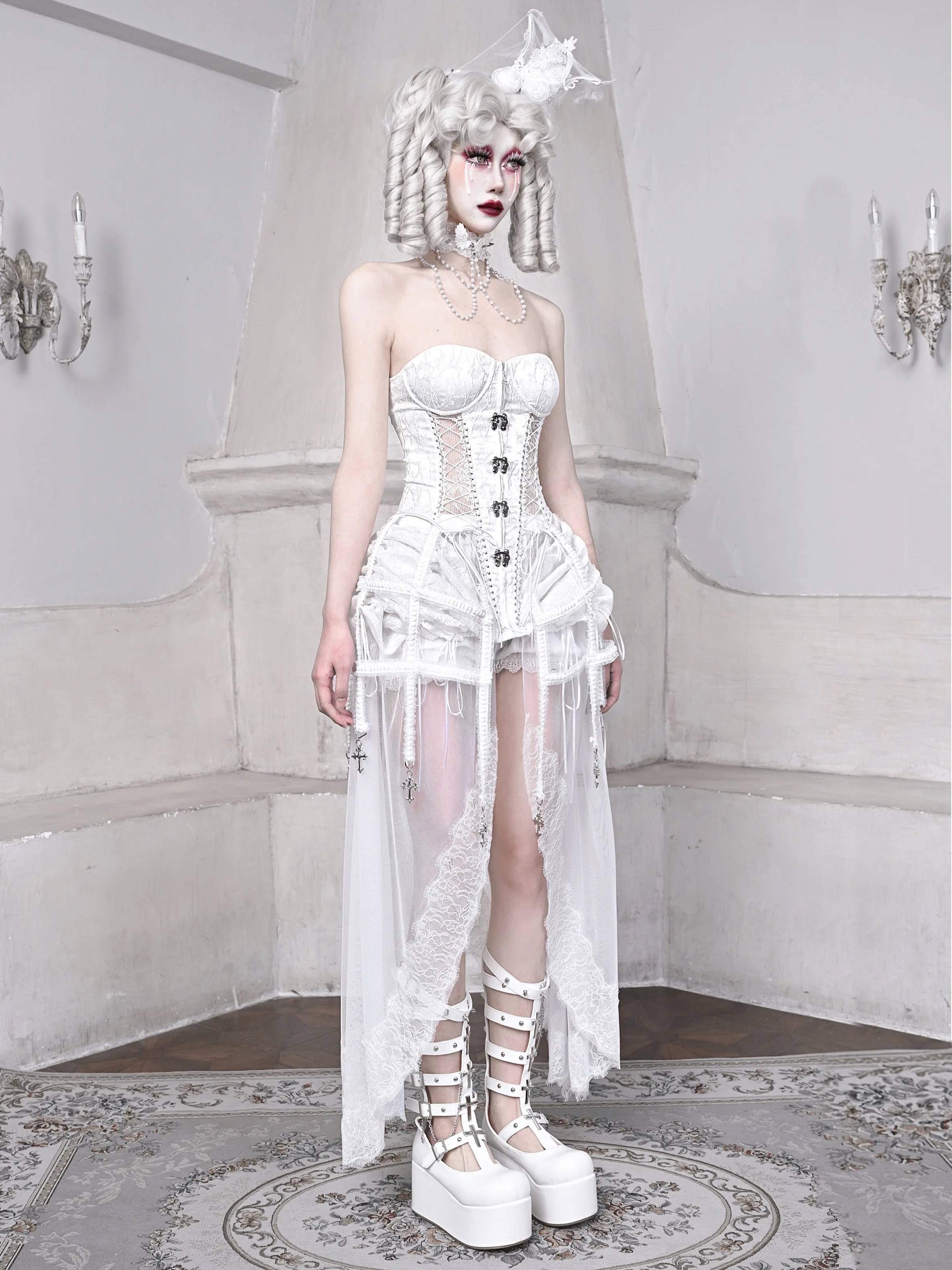 Halloween Gothic Cos Fishbone Top Shorts Mesh Pendulum 3 Piece Sets Girl's Sweet Cool Slim Elegant Heavy Industry Outfits Women