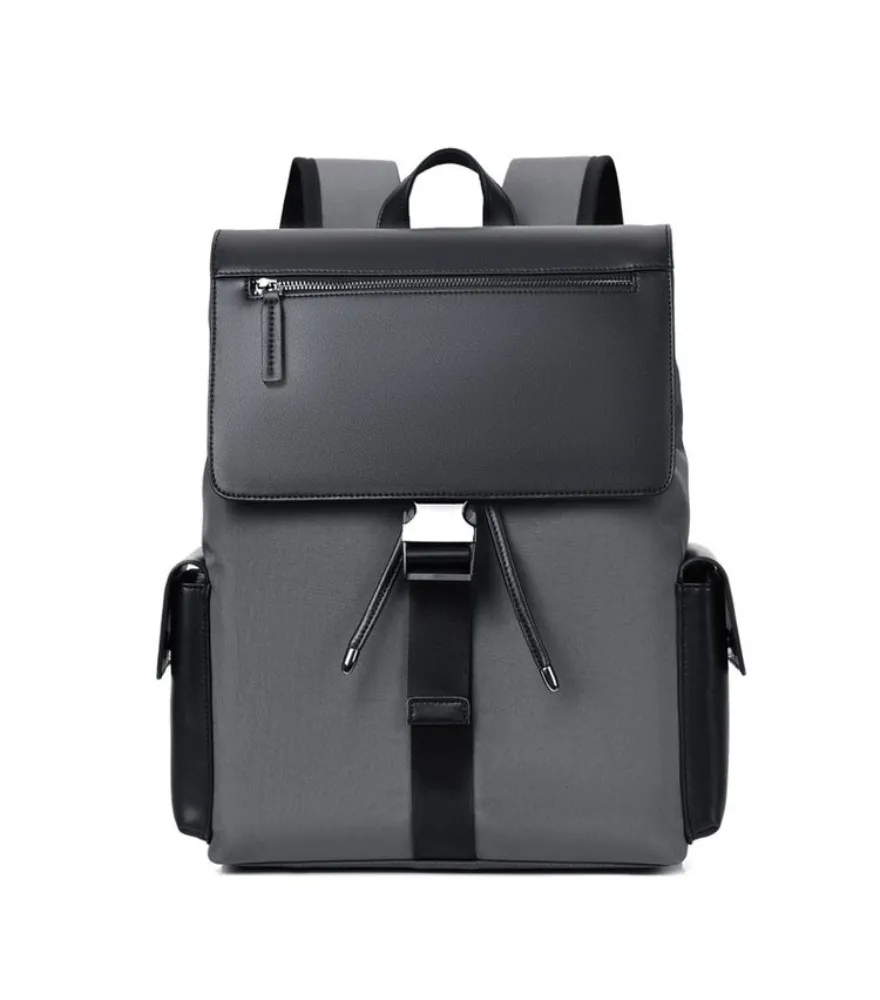 Gray black leather flap backpack with drawstring closure hidden anti theft pocket smooth matte surface for daily work school