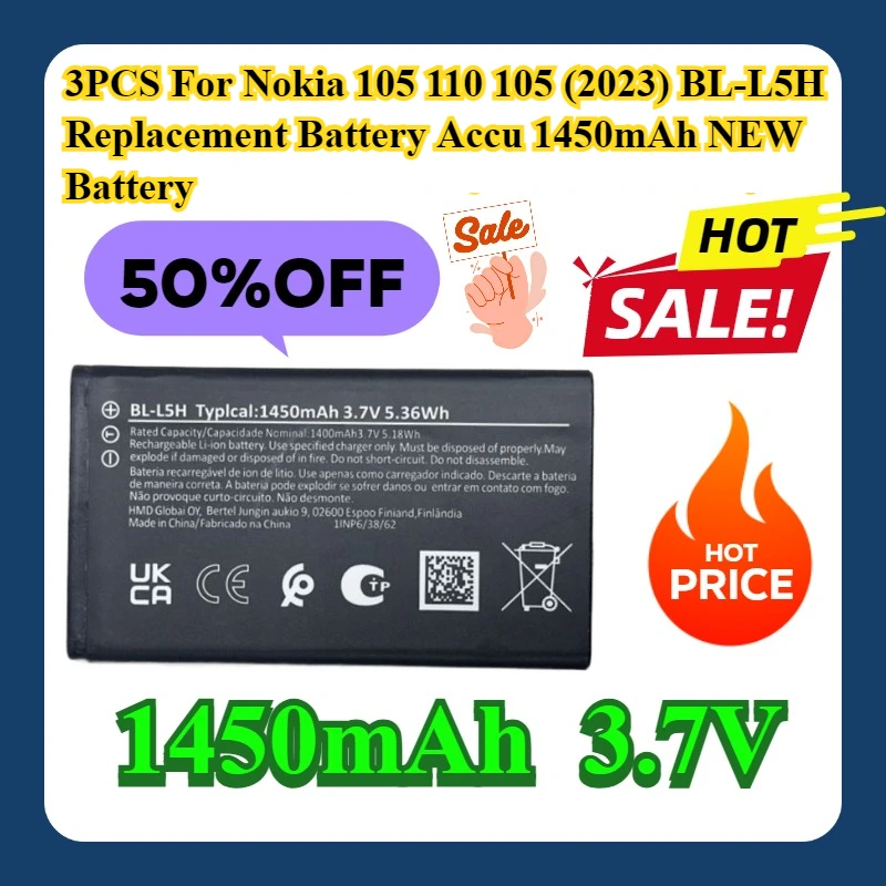 

3PCS For Nokia 105 110 105 (2023) BL-L5H Replacement Battery Accu 1450mAh NEW Battery