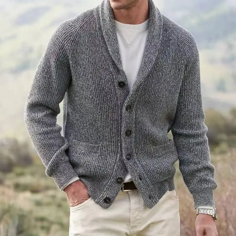 Bild 3: Herbst Winter Herren Strickpullover mit Umlegekragen Cardigan Lässiger Einfarbiger Sweatshirt Modischer Mantel Jacke Strickpullover Herrenbekleidung