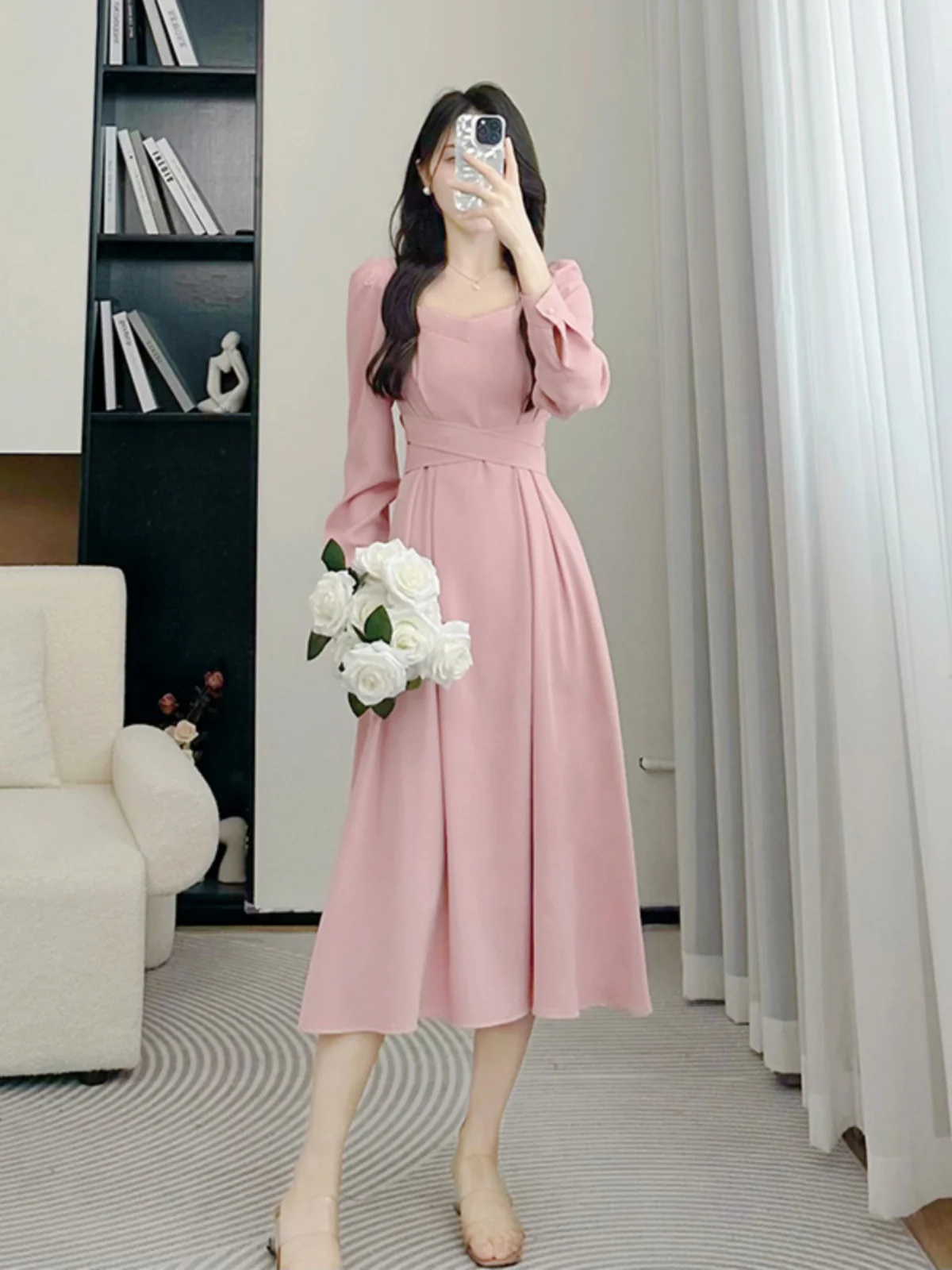 Ele A-Linie mit hoher Taille und quadratischem Kragen, lang, Sve Midi Dr, schlankmachend, formelle Ocn-Polyesterfaser, Frühlingskollektion