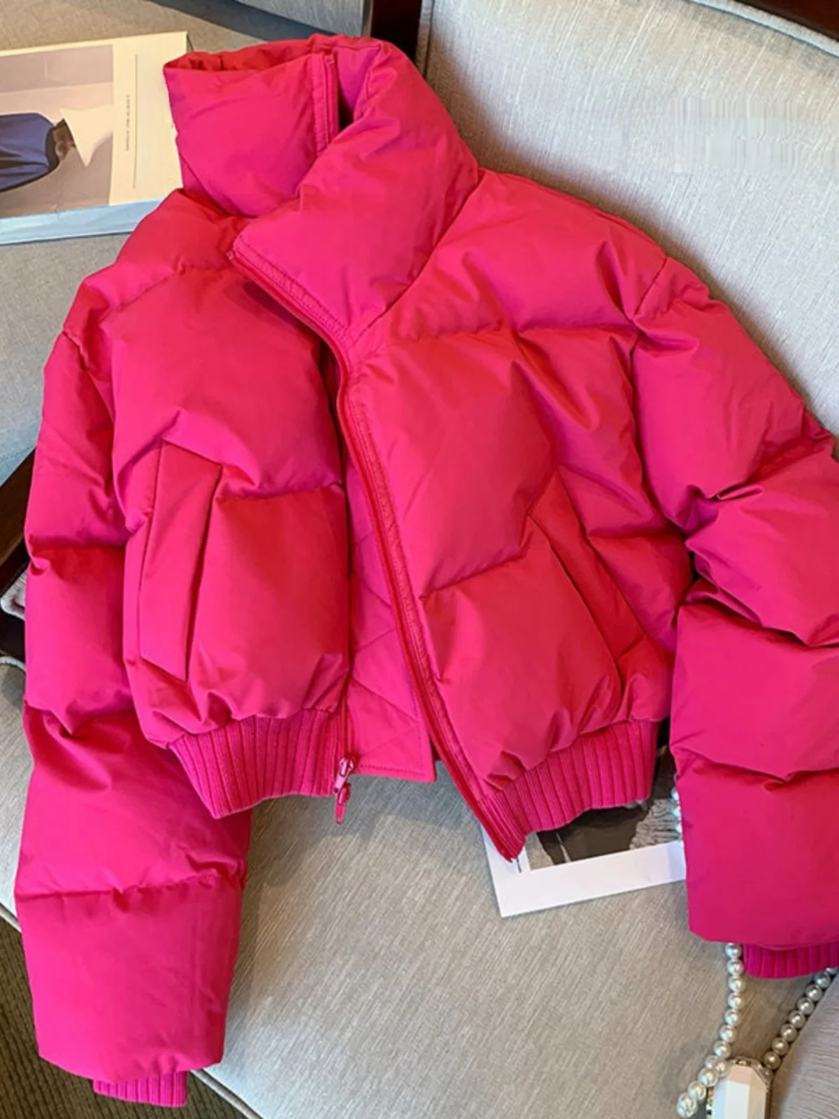 

Women's Stand Collar Thiened Cotton Jaet Bread Sle Winter New Arrival High Quali ort Length Zipper Closure Pure Color