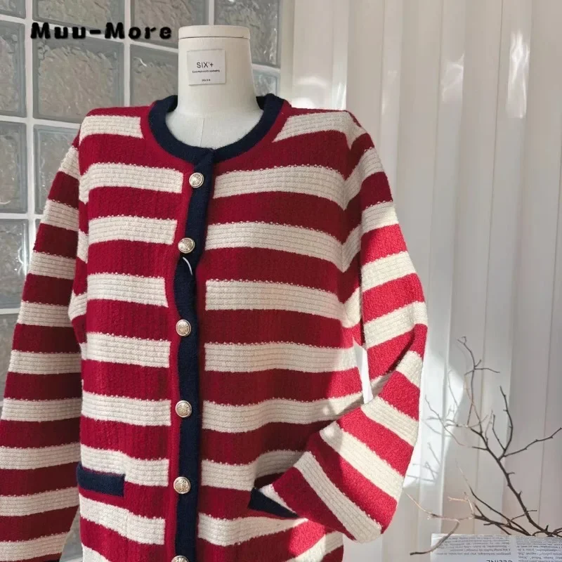 2023 Winter Women Casual Single Breasted Baggy Sweater Vintage Striped Jumpers Knitting Long Sleeve O-neck Loose Cardigans