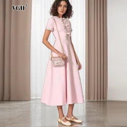 VGH Elegant Soild Dresses For Women Round Neck Short Sleeve Spliced Diamonds High Waist A Lian Temperament Dress Female Fashion