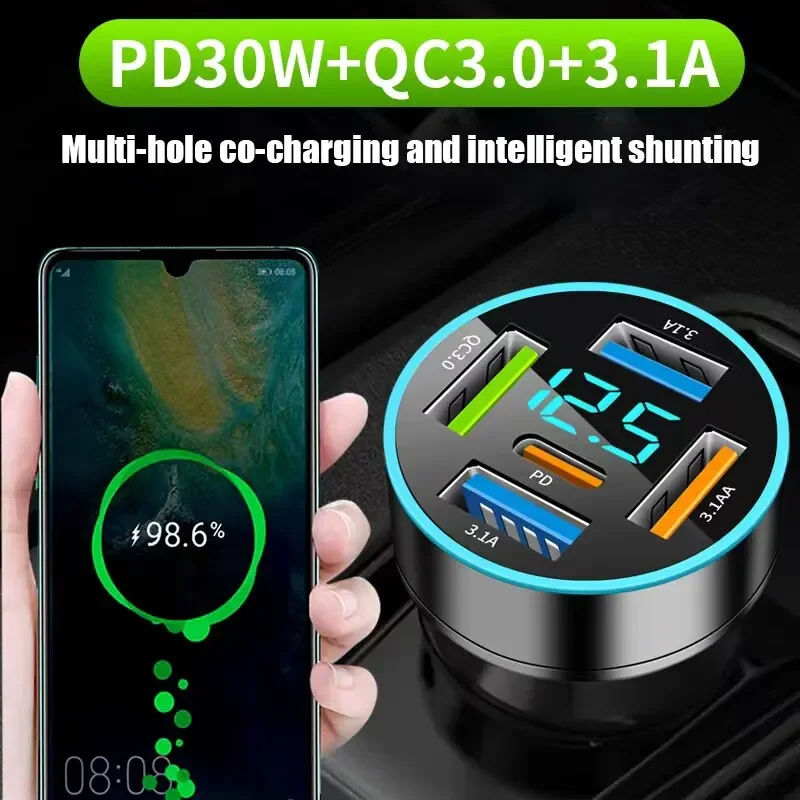 PD66W Car Charger QC3.0 Fast Charge One to Four Car Cigarette Lighter Plug 5 Port Car Charger Flash Charge with Digital Display