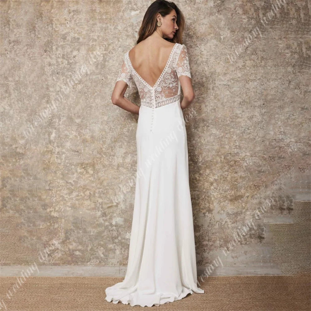 Abiti da sposa moderni in pizzo avorio scollo a v maniche corte abiti da sposa Plus Size abito da sposa Sexy senza schienale Vestidos De Noiva