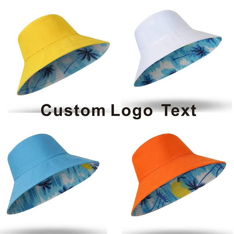 Custom logo text Palm tree reversible Men Bucket Hats Women reversible Outdoor Summer Fisherman Caps Fishing Hat beach