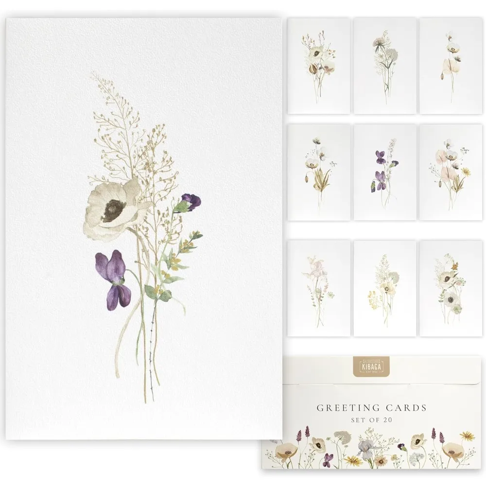 

Beautiful Greetings Cards Set of 20 with Envelopes & Stickers - Tasteful Assorted Get Well Blank Note Cards 4x6 in Flower